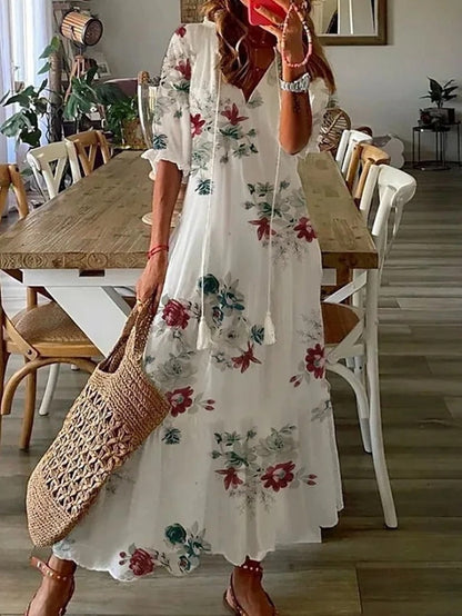 Robe Longue Femme - Col V Élégant - Manches Mi-Longues