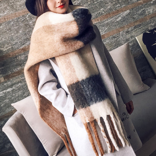 Emma Soft Cashmere Scarf with Plaid and Fringes